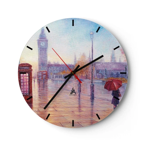 Nástěnné hodiny - Malebná městská krajina s Big Benem a červeným deštníkem - 30x30cm - Londýnský podzimní den - Moderní nástěnná dekorace do obývacího pokoje, kuchyně a ložnice ARTTOR
