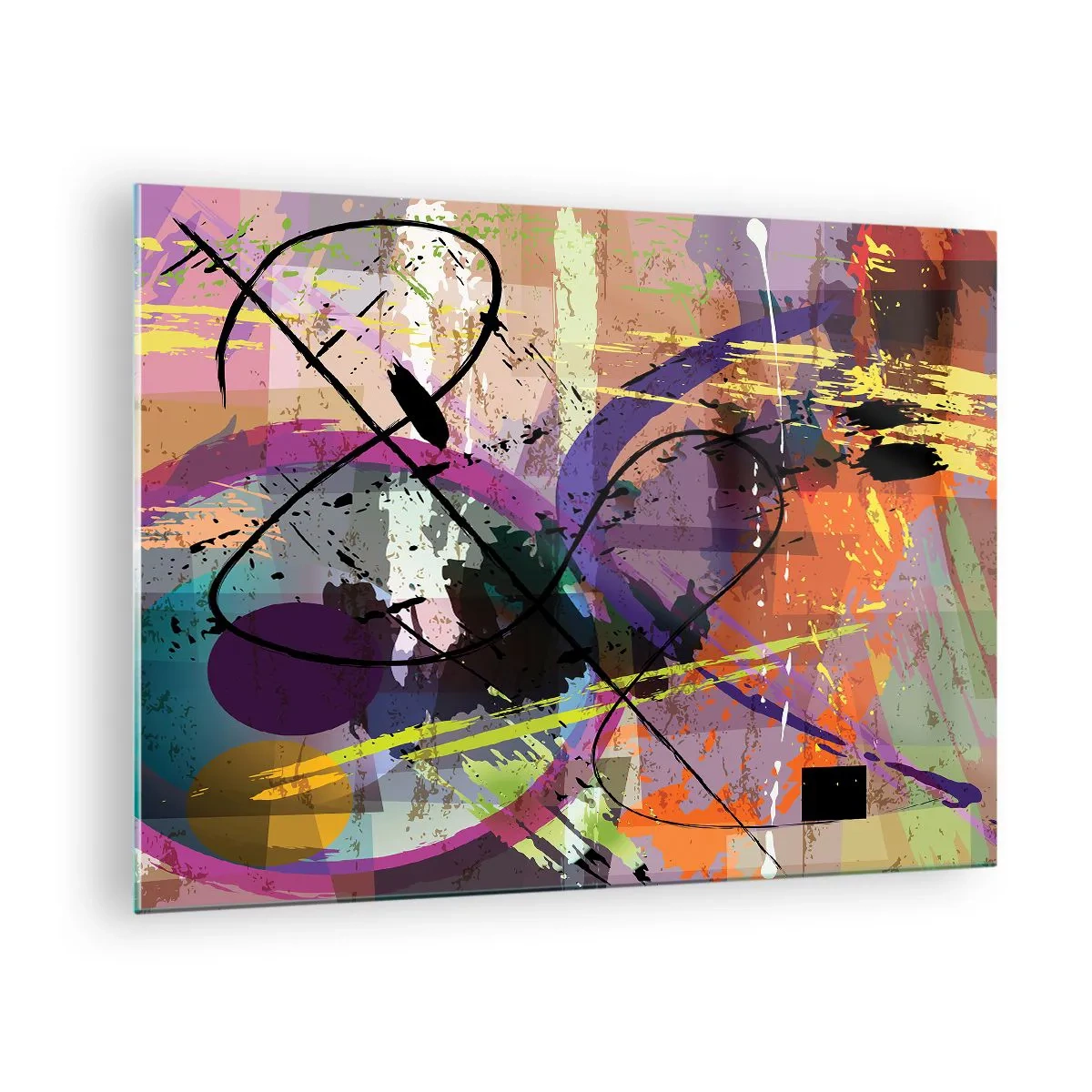 Obraz na skle - Barevné abstraktní tvary a linie v dynamické kompozici - 70x50cm - Lze přímo nebo kolem - Moderní nástěnná dekorace do obývacího pokoje a ložnice ARTTOR