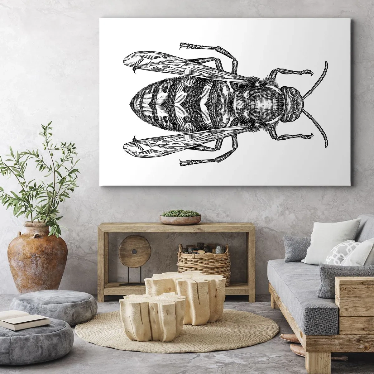 Obraz na plátně - Kreslený motiv vosy na bílém pozadí v minimalistickém stylu. - 70x50cm - Z hmyzí planety - Moderní nástěnná dekorace do obývacího pokoje a ložnice ARTTOR