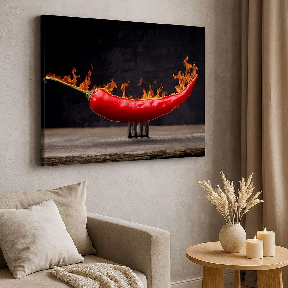 Obraz na plátně - Hořící červená paprika na vidličku - 70x50cm - Ohnivý předkrm - Moderní nástěnná dekorace do obývacího pokoje a ložnice ARTTOR