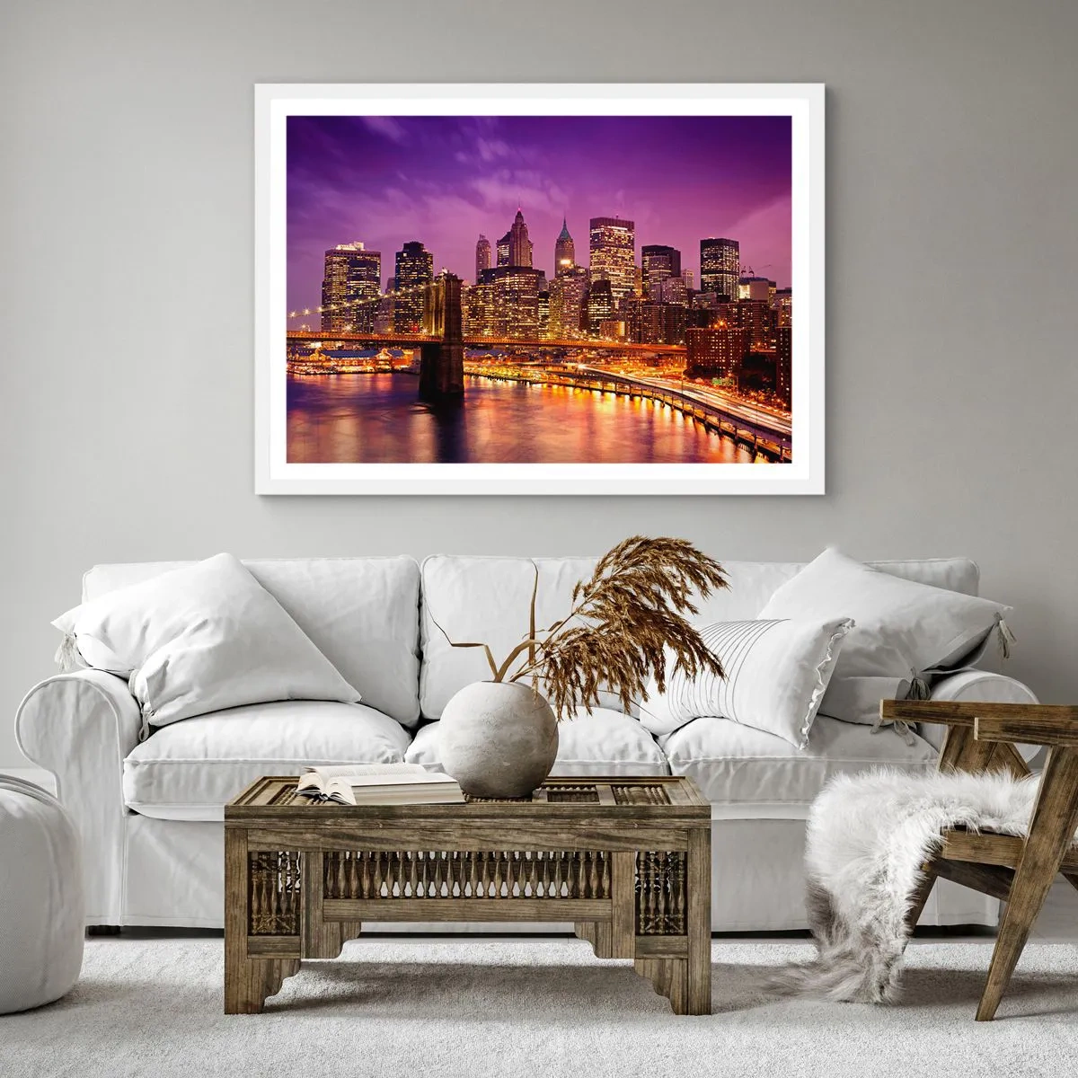 Plakát v bílém rámu - Fialovo-zlatý Manhattan - 30x30 cm