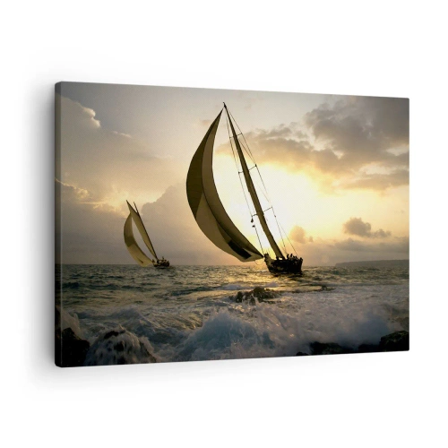 Obraz na plátně - Plachetnice na moři při západu slunce - 70x50cm - S větrem a proti větru - Moderní nástěnná dekorace do obývacího pokoje a ložnice ARTTOR