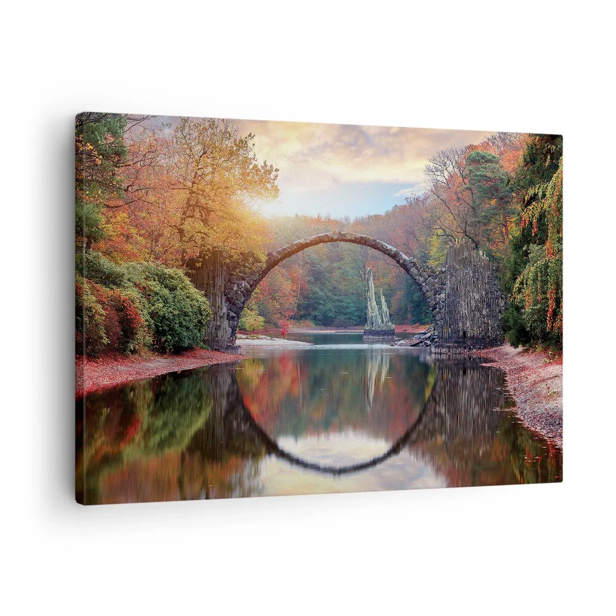 Obraz na plátně - Kamenný most v podzimní krajině nad klidnou vodou - 70x50cm - Za zrcadlem - Moderní nástěnná dekorace do obývacího pokoje a ložnice ARTTOR