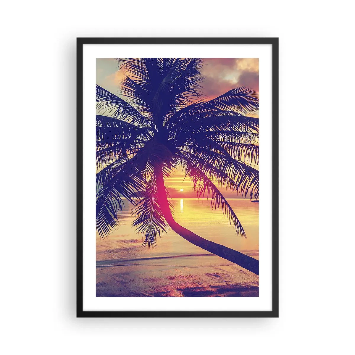 Plakát v černém rámu - Palma při západu slunce s výhledem na klidné moře - 50x70cm - Večer pod palmami - Moderní nástěnná dekorace do obývacího pokoje a ložnice ARTTOR