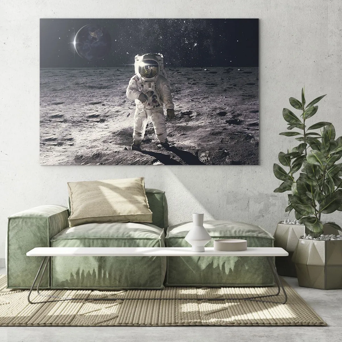 Obraz na skle - Astronaut na povrchu Měsíce se Zemí v pozadí - 70x50cm - Pozdrav z Měsíce - Moderní nástěnná dekorace do obývacího pokoje a ložnice ARTTOR