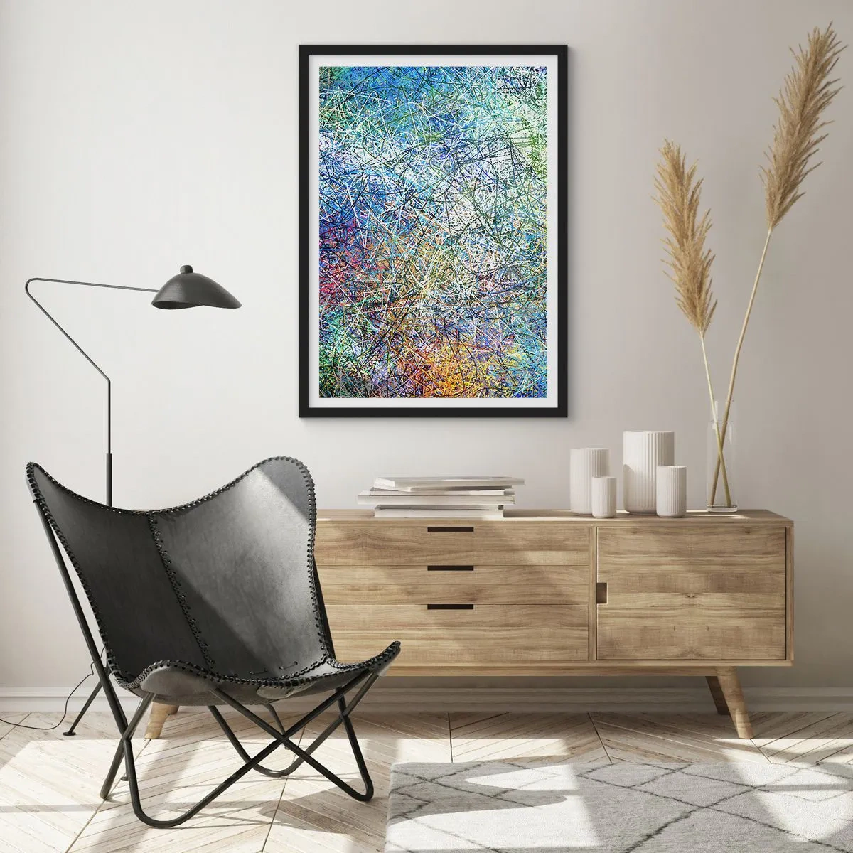 Plakát v černém rámu - Barevná abstrakce s dynamickými liniemi a odstíny modré - 50x70cm - To není tak jednoduché - Moderní nástěnná dekorace do obývacího pokoje a ložnice ARTTOR