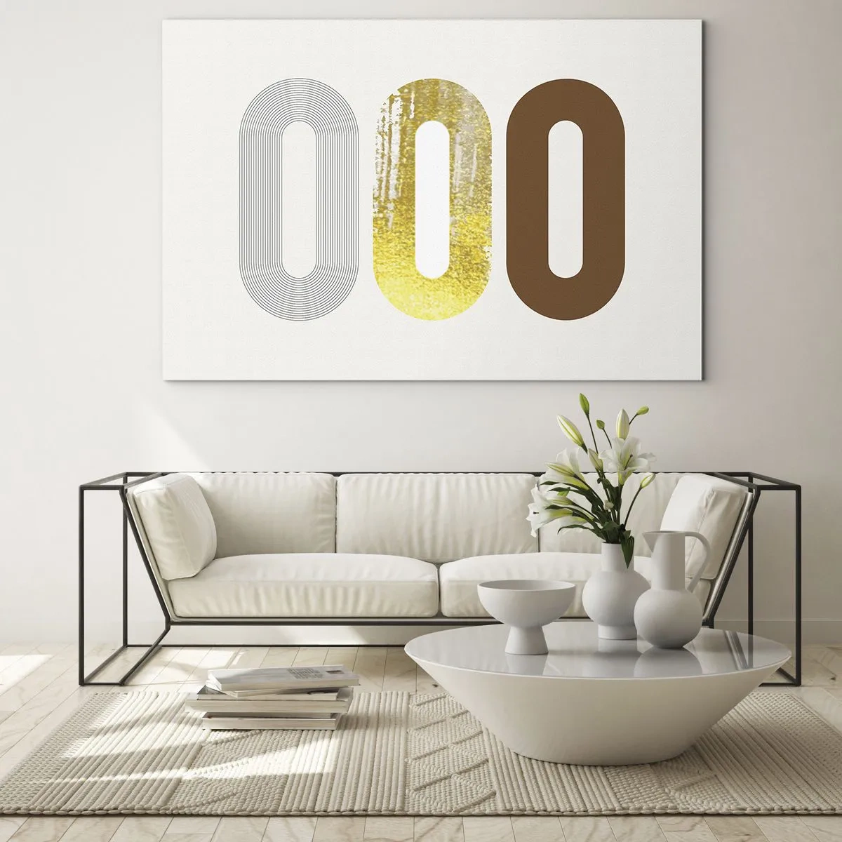 Obraz na skle - Moderní geometrická grafika ve zlaté a bronzové barvě - 70x50cm - Ooo! - Moderní nástěnná dekorace do obývacího pokoje a ložnice ARTTOR
