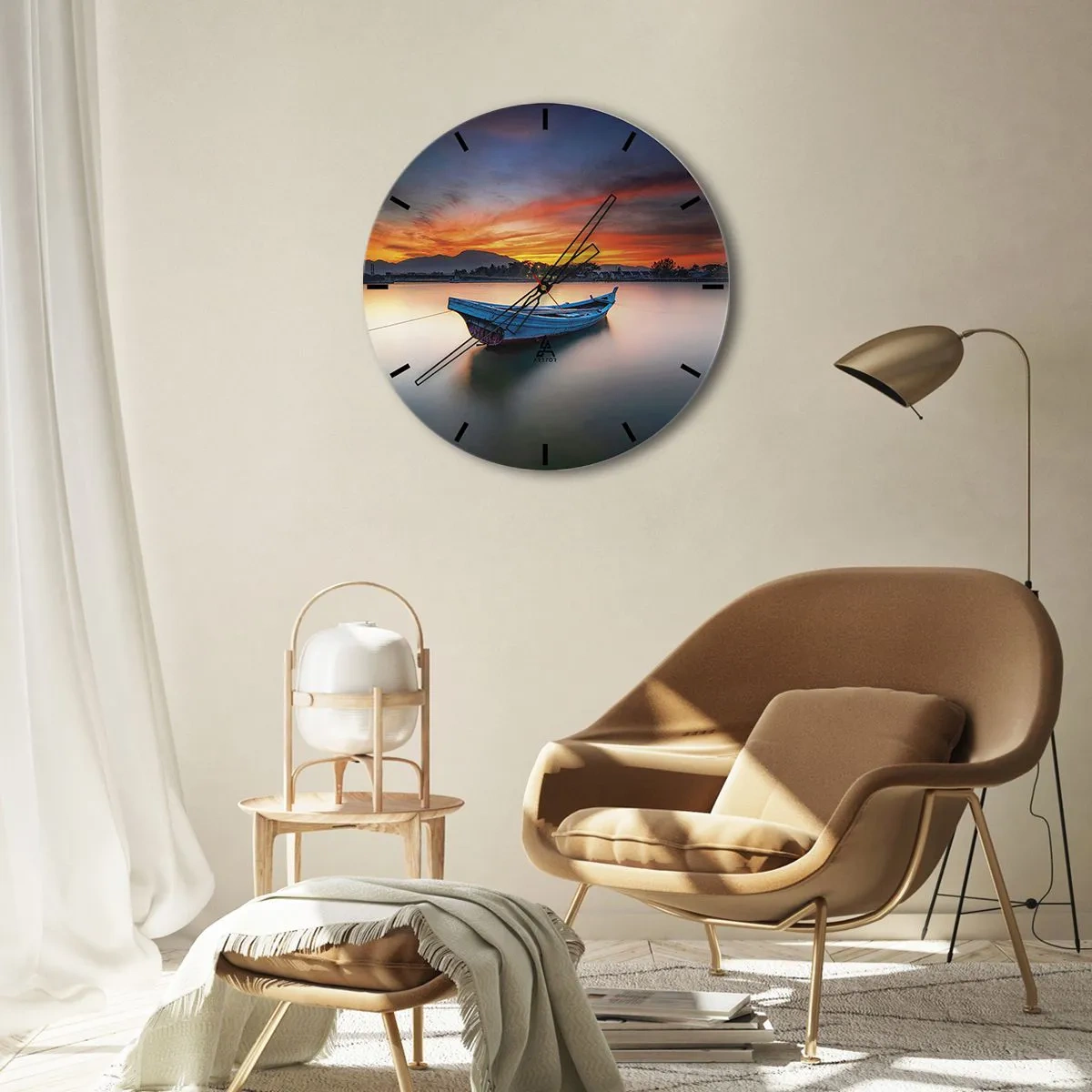 Nástěnné hodiny - Loď na klidné vodě při západu slunce - 30x30cm - Blíží se dobrá noc - Moderní nástěnná dekorace do obývacího pokoje, kuchyně a ložnice ARTTOR