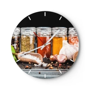 Nástěnné hodiny - Barevné koření ve sklenicích a kuchyňské doplňky - 30x30cm - Aby měl život chuť - Moderní nástěnná dekorace do obývacího pokoje, kuchyně a ložnice ARTTOR