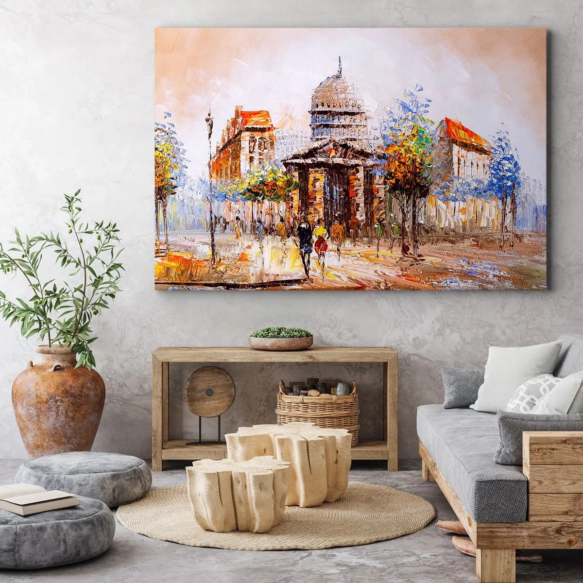 Obraz na plátně - Impresionistická městská scenérie s historickou budovou - 70x50cm - Pařížská procházka - Moderní nástěnná dekorace do obývacího pokoje a ložnice ARTTOR