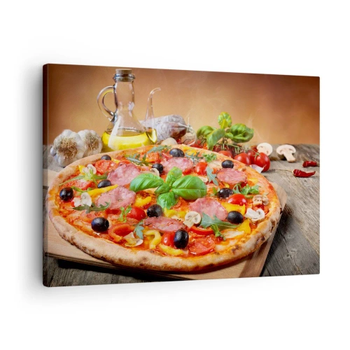 Obraz na plátně - Chutná pizza na dřevěném stole s polevou - 70x50cm - Se skutečně italskou chutí - Moderní nástěnná dekorace do obývacího pokoje a ložnice ARTTOR