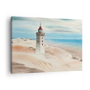 Obraz na plátně - Maják obklopený písečnými dunami a modrou oblohou - 70x50cm - Vždy hledí na moře - Moderní nástěnná dekorace do obývacího pokoje a ložnice ARTTOR