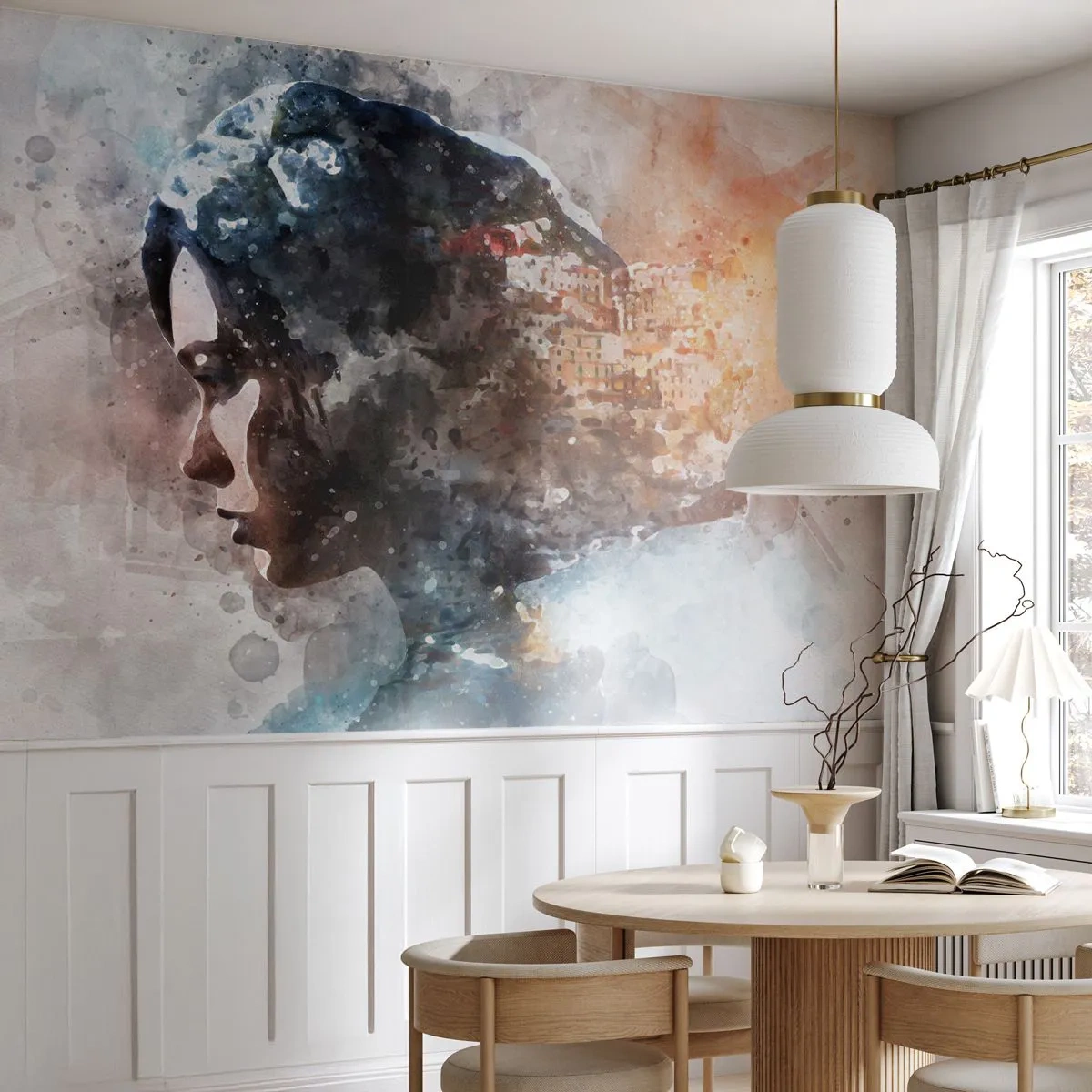 Fototapeta Samolepicí Deluxe Sticker - Příběh o dívce s městem v pozadí - Abstrakce, Žena, Architektura - 250x175 cm