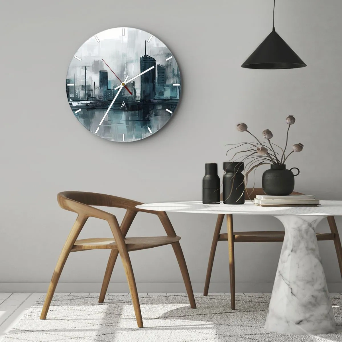 Nástěnné hodiny - Panorama města v malířském stylu s chladnými tóny - 30x30cm - Město v barvě deště - Moderní nástěnná dekorace do obývacího pokoje, kuchyně a ložnice ARTTOR
