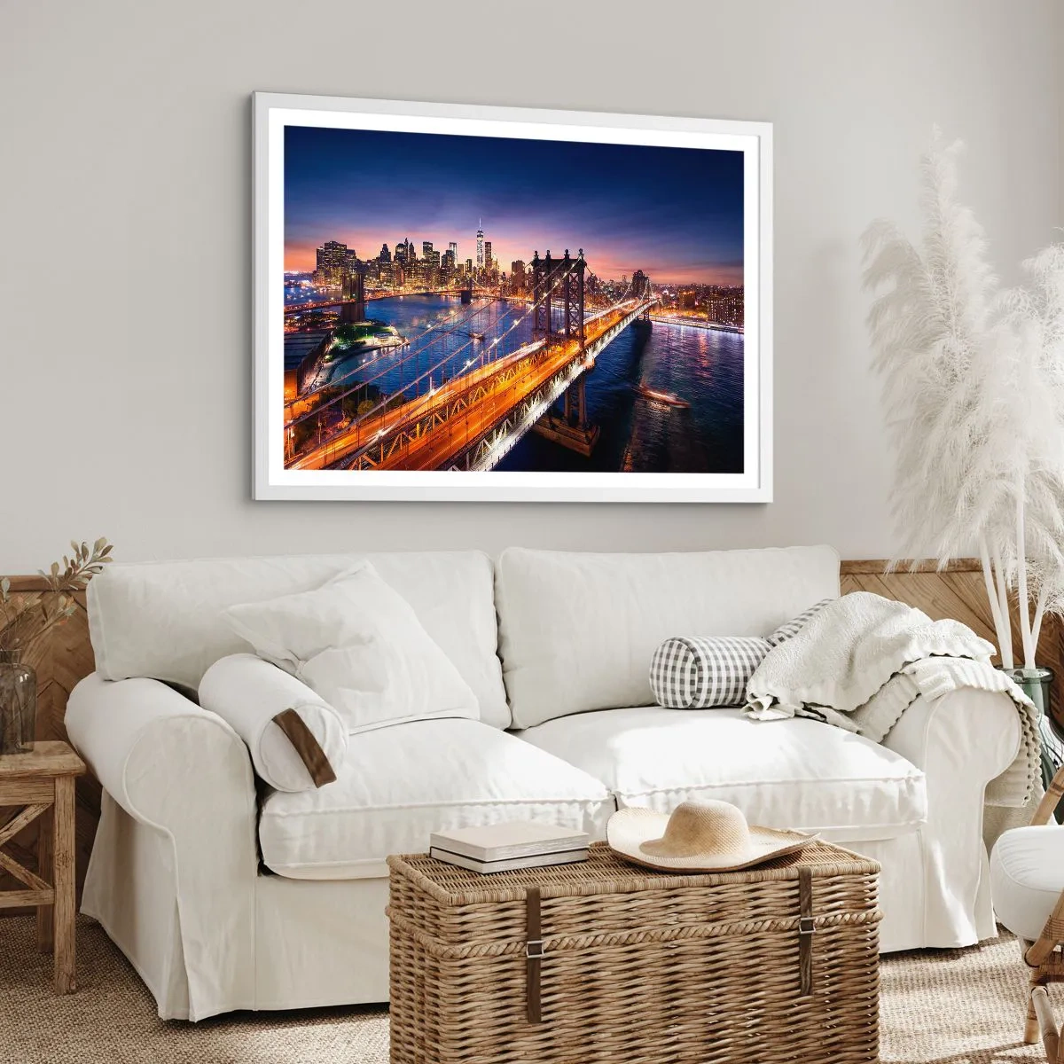 Plakát v bílém rámu - Zářící most do srdce města - 100x70 cm