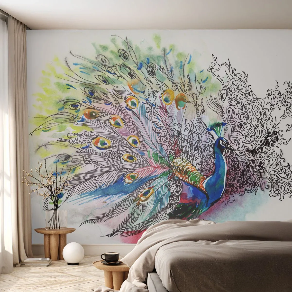 Fototapeta Premium Canvas - S pýchou proti šedi  - Pták, Páv, Peří - 350x256 cm