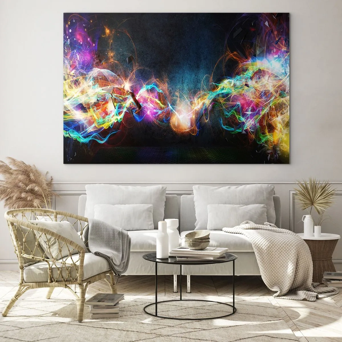 Obraz na skle - Abstraktní světla a barevná energie ve futuristickém stylu - 70x50cm - Radostně proti tmě - Moderní nástěnná dekorace do obývacího pokoje a ložnice ARTTOR
