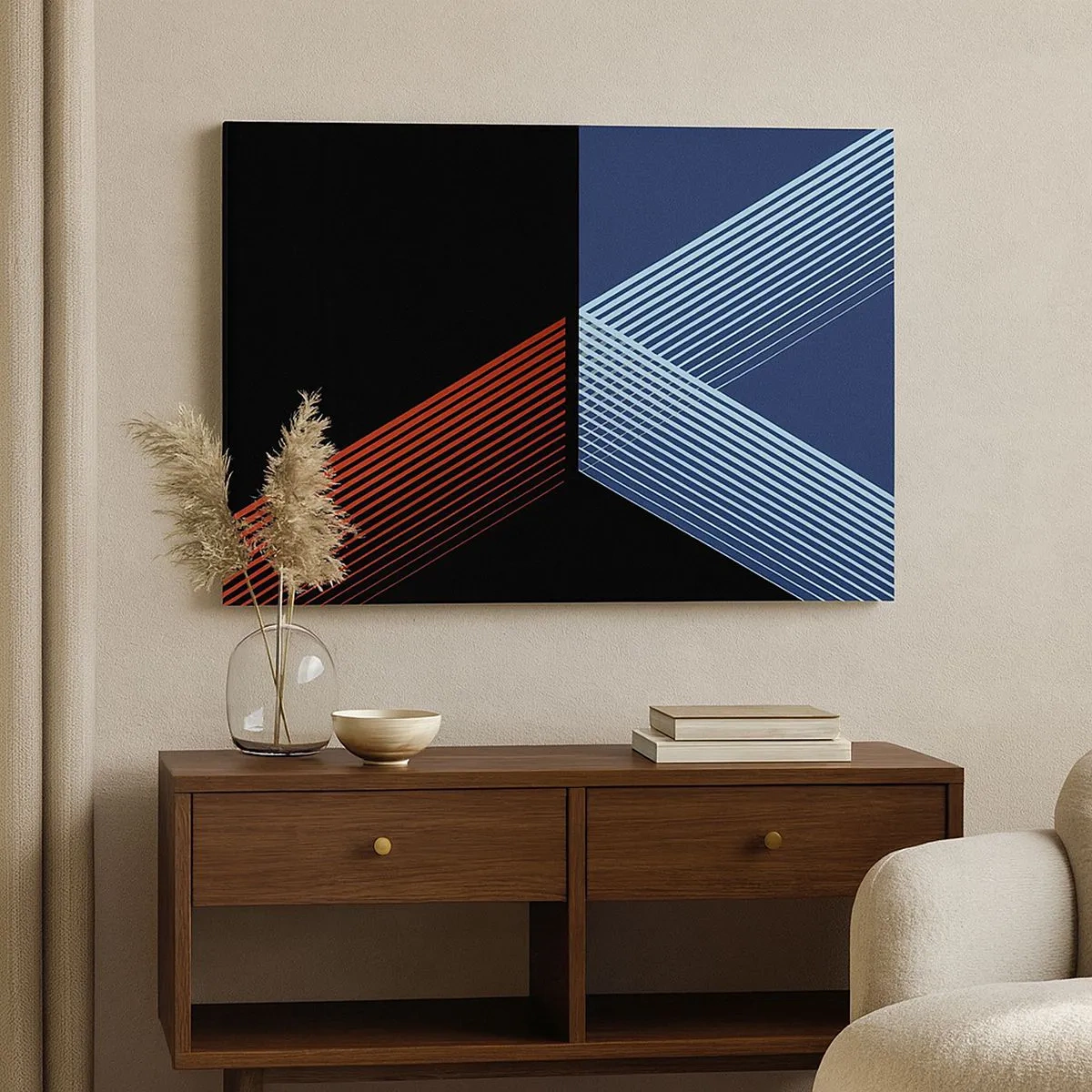 Obraz na plátně - Geometrické linie v odstínech červené a modré - 70x50cm - Jednoduchý příběh - Moderní nástěnná dekorace do obývacího pokoje a ložnice ARTTOR