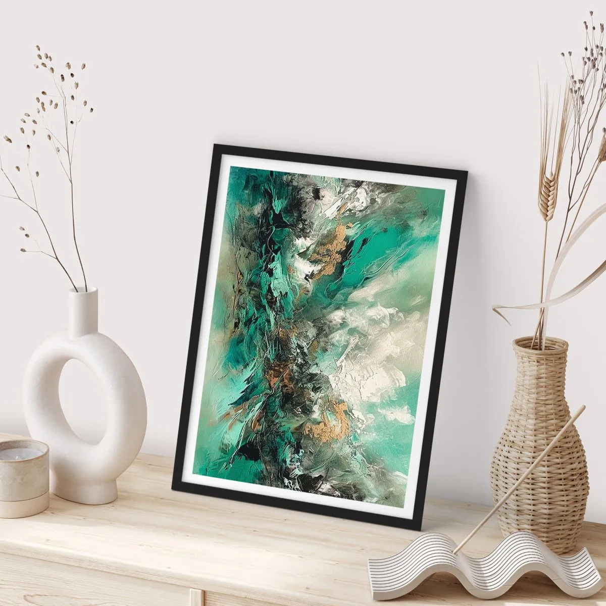Plakát v černém rámu - Smaragdově černé vlnobití - 50x70 cm