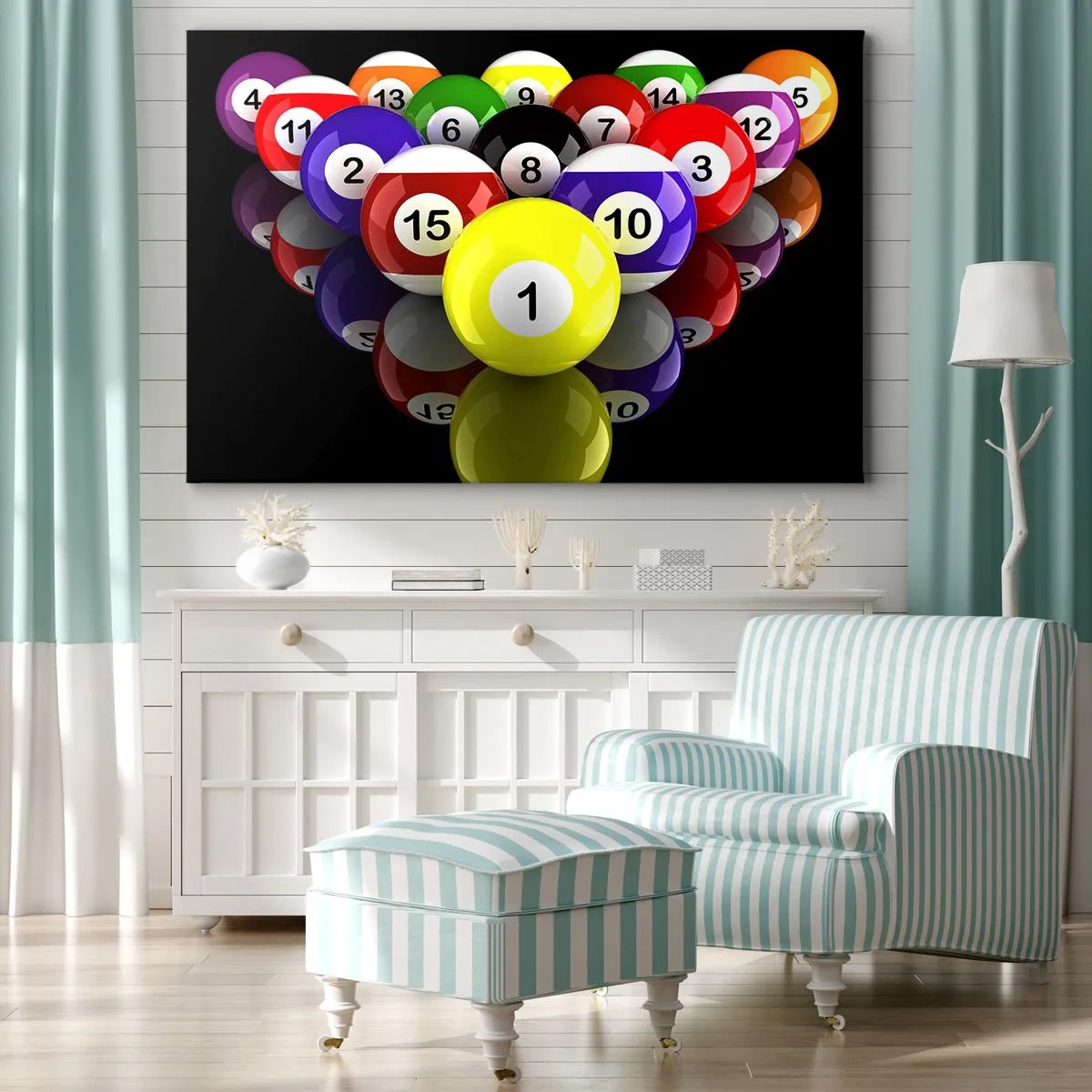 Obraz na plátně - Barevné kulečníkové koule uspořádané v trojúhelníku na černém pozadí - 70x50cm - Různé barvy hry - Moderní nástěnná dekorace do obývacího pokoje a ložnice ARTTOR