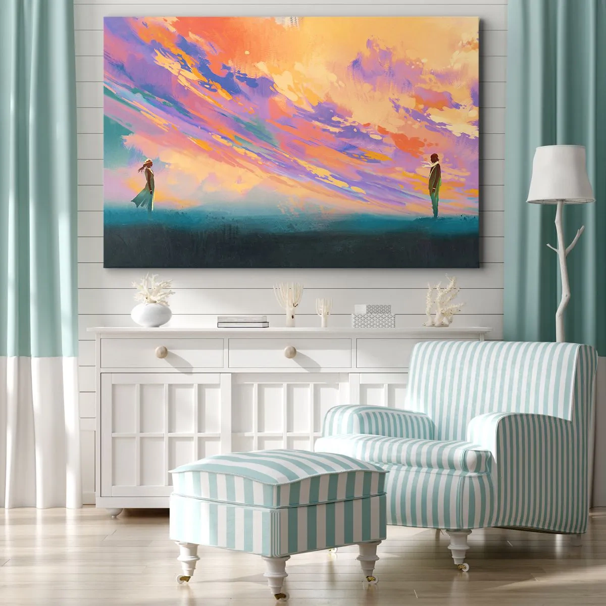 Obraz na plátně - Dynamická scéna s postavami na pozadí barevné oblohy při západu slunce - 70x50cm - Síla přitažlivosti - Moderní nástěnná dekorace do obývacího pokoje a ložnice ARTTOR