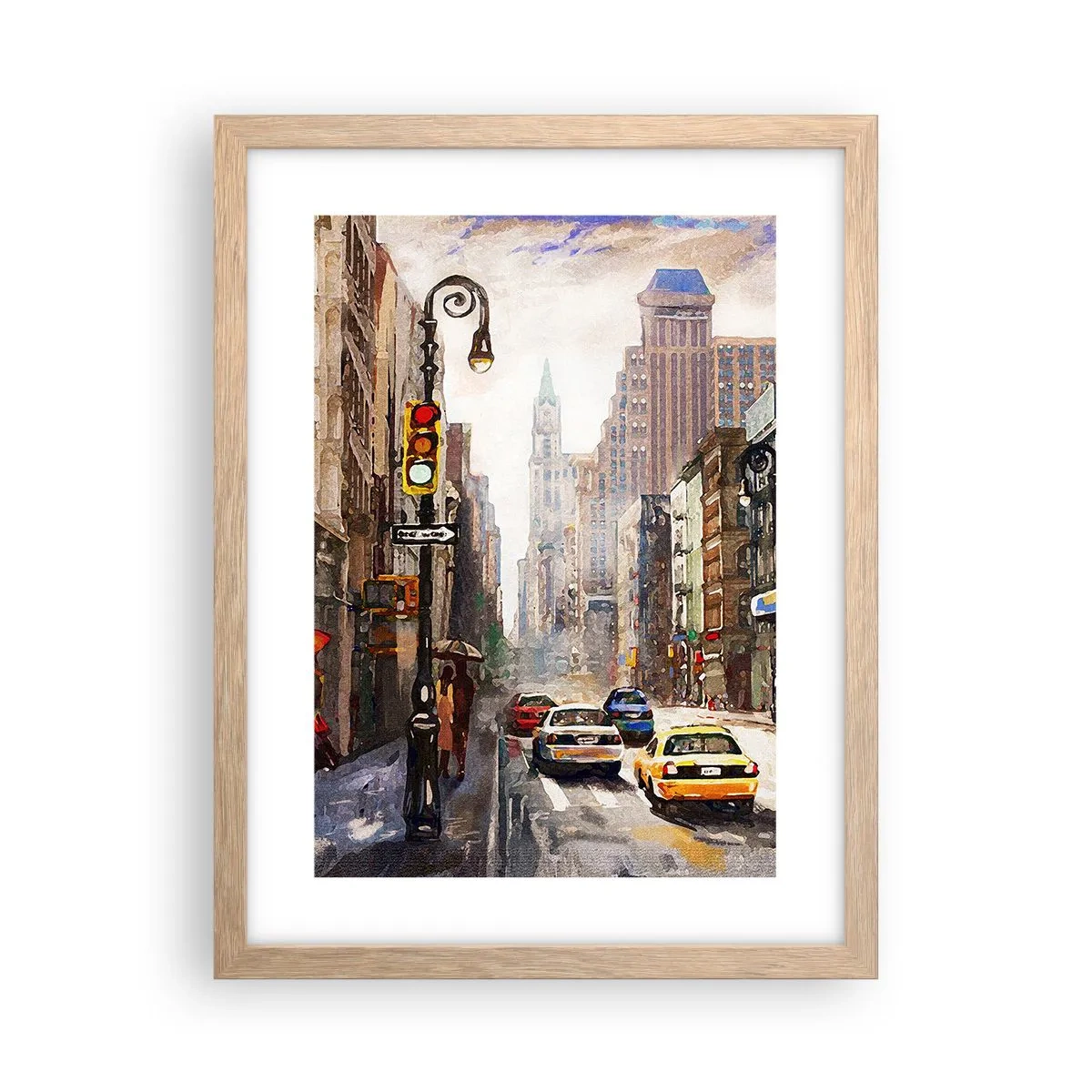 Plakát v rámu světlý dub - New York – barevný i v dešti - 30x40 cm