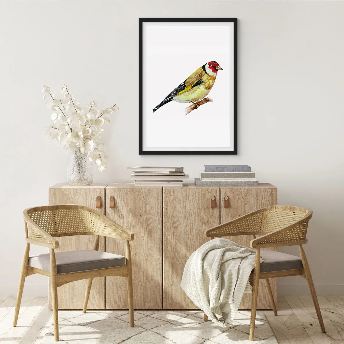 Plakát v černém rámu - Stehlík na větvi ve stylu akvarelu - 50x70cm - Ptáčí portrét - Moderní nástěnná dekorace do obývacího pokoje a ložnice ARTTOR