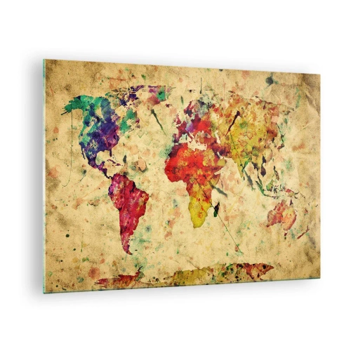 Obraz na skle - Barevná mapa světa na texturovaném, vintage pozadí - 70x50cm - Život je barevný jako papír mapy - Moderní nástěnná dekorace do obývacího pokoje a ložnice ARTTOR