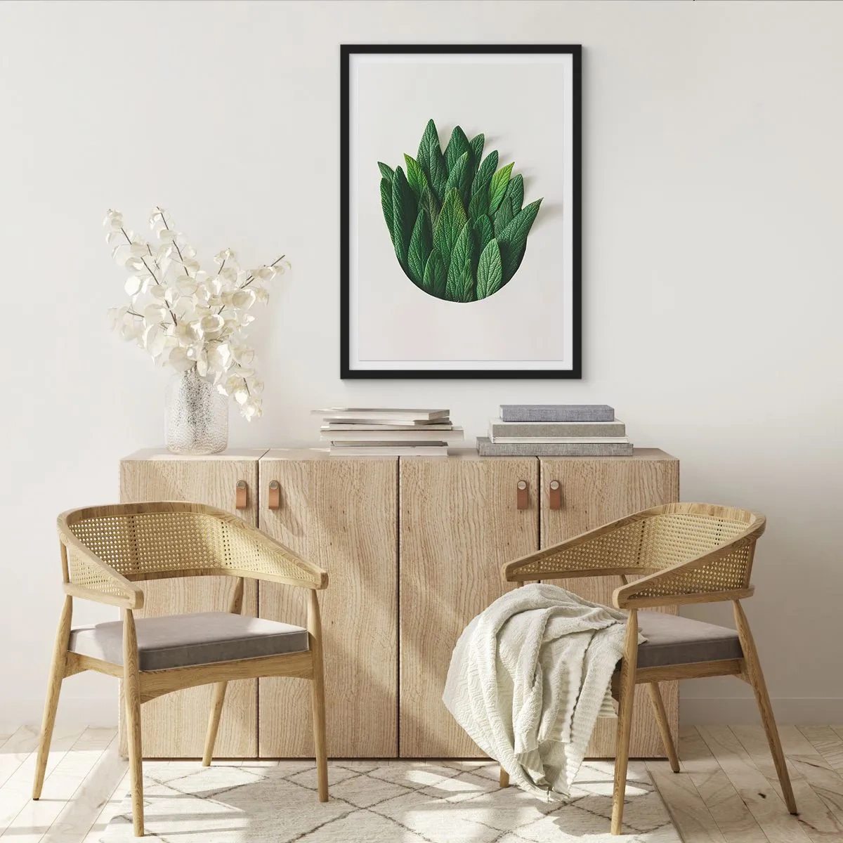 Plakát v černém rámu - Listy v umělecké kompozici na bílém pozadí - 50x70cm - Neukojitelná zvědavost - Moderní nástěnná dekorace do obývacího pokoje a ložnice ARTTOR