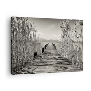 Obraz na plátně - Dřevěné molo mezi vysokými trávami nad jezerem v sépiovém odstínu - 70x50cm - V ústraní travin - Moderní nástěnná dekorace do obývacího pokoje a ložnice ARTTOR