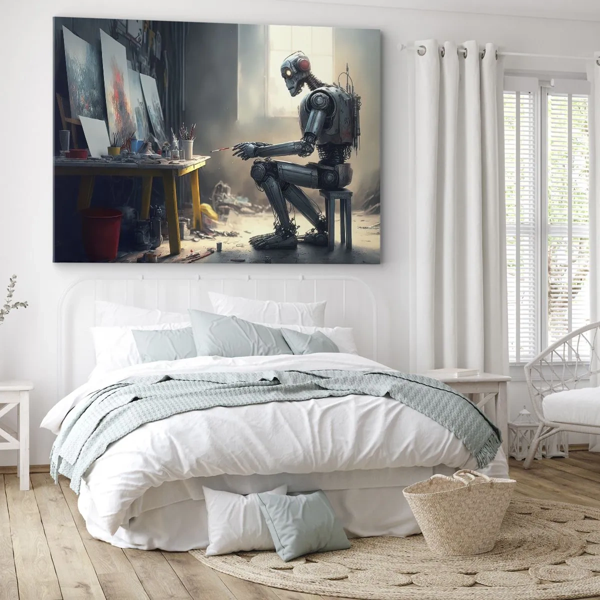 Obraz na plátně - Robot malující obraz v uměleckém ateliéru - 70x50cm - Akt stvoření - Moderní nástěnná dekorace do obývacího pokoje a ložnice ARTTOR