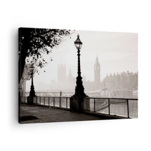 Obraz na plátně - Monochromatický pohled na Big Ben a Temži. - 70x50cm - Londýnské ráno - Moderní nástěnná dekorace do obývacího pokoje a ložnice ARTTOR
