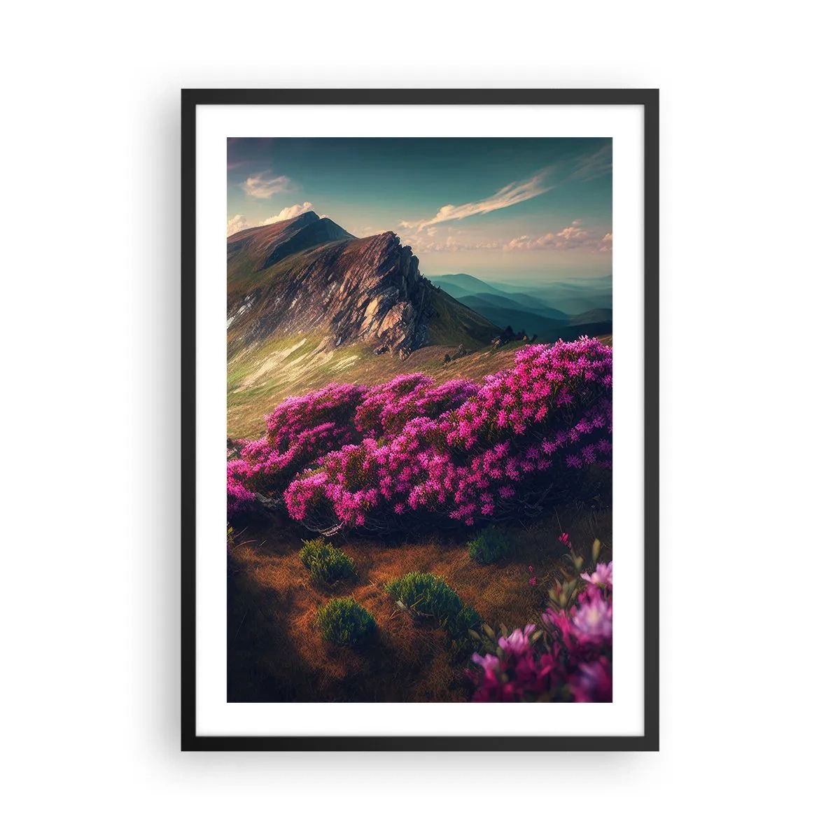 Plakát v černém rámu - Horská krajina s kvetoucími rododendrony - 50x70cm - Léto na horách - Moderní nástěnná dekorace do obývacího pokoje a ložnice ARTTOR