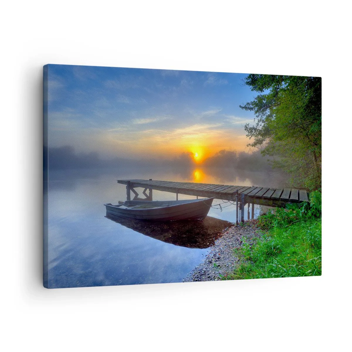 Obraz na plátně - Molo u jezera při východu slunce s lodí na břehu - 70x50cm - Jak se obyčejné mění na kouzelné - Moderní nástěnná dekorace do obývacího pokoje a ložnice ARTTOR