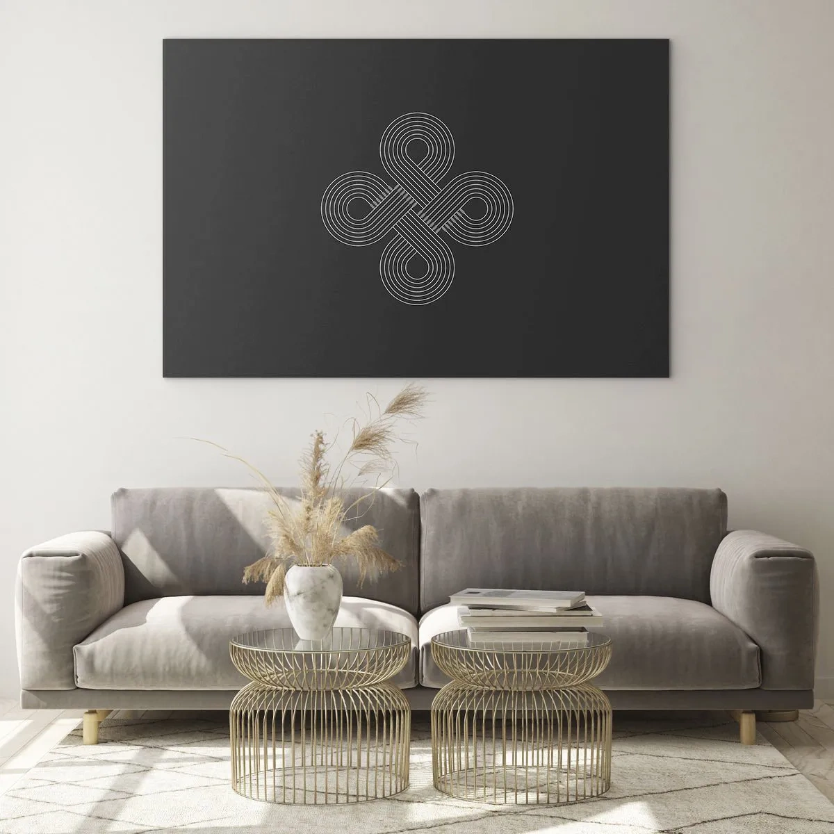 Obraz na skle - Minimalistický bílý keltský symbol na černém pozadí - 70x50cm - V keltském duchu - Moderní nástěnná dekorace do obývacího pokoje a ložnice ARTTOR