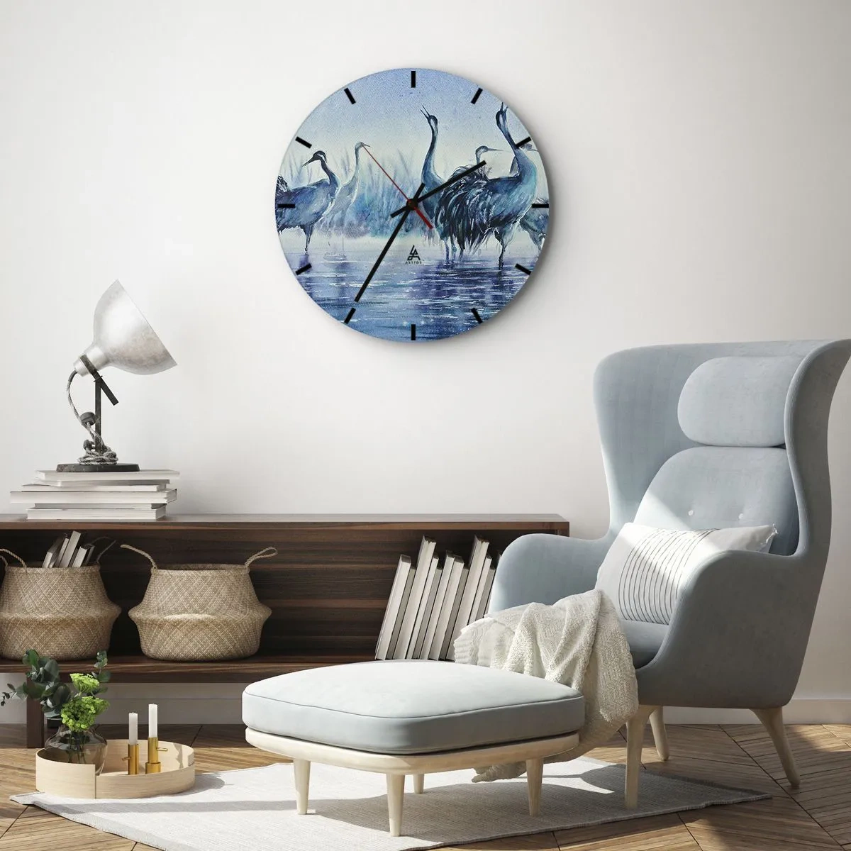 Nástěnné hodiny - Akvarelová malba brodivých ptáků - 30x30cm - Ranní setkání - Moderní nástěnná dekorace do obývacího pokoje, kuchyně a ložnice ARTTOR