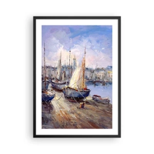 Plakát v černém rámu - Plachetnice v malebném přístavu osvětleném slunečními paprsky - 50x70cm - Město u zálivu - Moderní nástěnná dekorace do obývacího pokoje a ložnice ARTTOR
