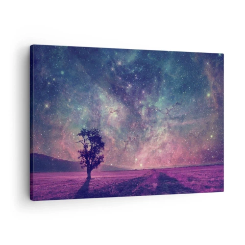 Obraz na plátně - Strom proti hvězdné obloze ve fialových a modrých barvách - 70x50cm - Pod magickou oblohou - Moderní nástěnná dekorace do obývacího pokoje a ložnice ARTTOR