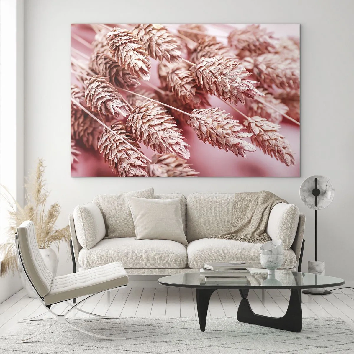 Obraz na skle - Sušené klasy kukuřice v odstínech růžové na pastelovém pozadí - 70x50cm - Květinová kaskáda v růžové - Moderní nástěnná dekorace do obývacího pokoje a ložnice ARTTOR