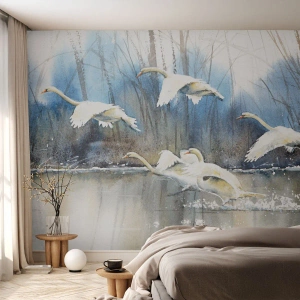 Fototapeta Standard Eco - Akvarel letících labutí nad zamrzlým jezerem - 100x70cm - Jako v povídce o divokých labutích - Moderní nástěnná dekorace do obývacího pokoje a ložnice ARTTOR