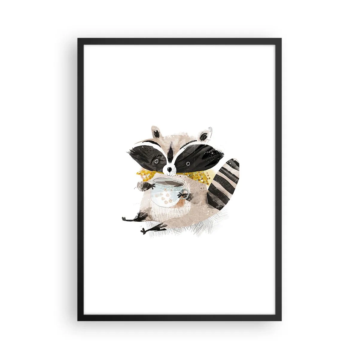 Plakát v černém rámu - Kresba mývala v šálu, který drží šálek čaje. - 50x70cm - Můj přítel mýval - Moderní nástěnná dekorace do obývacího pokoje a ložnice ARTTOR