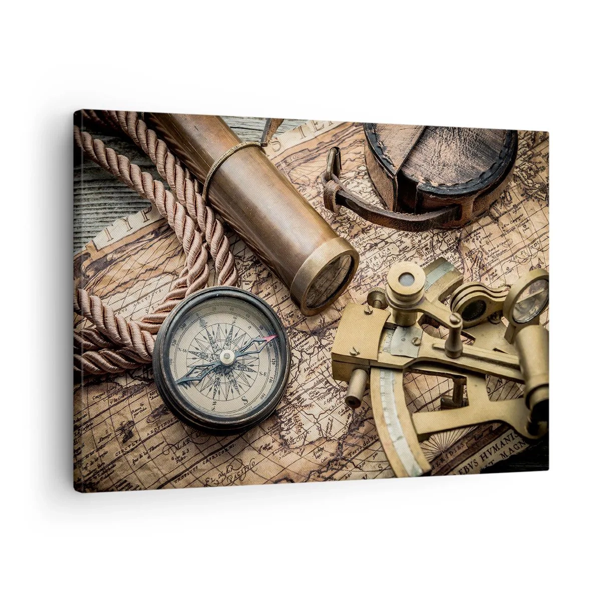 Obraz na plátně - Kompas, sextant a dalekohled na pozadí staré mapy a námořního lana. - 70x50cm - Urči směr - Moderní nástěnná dekorace do obývacího pokoje a ložnice ARTTOR