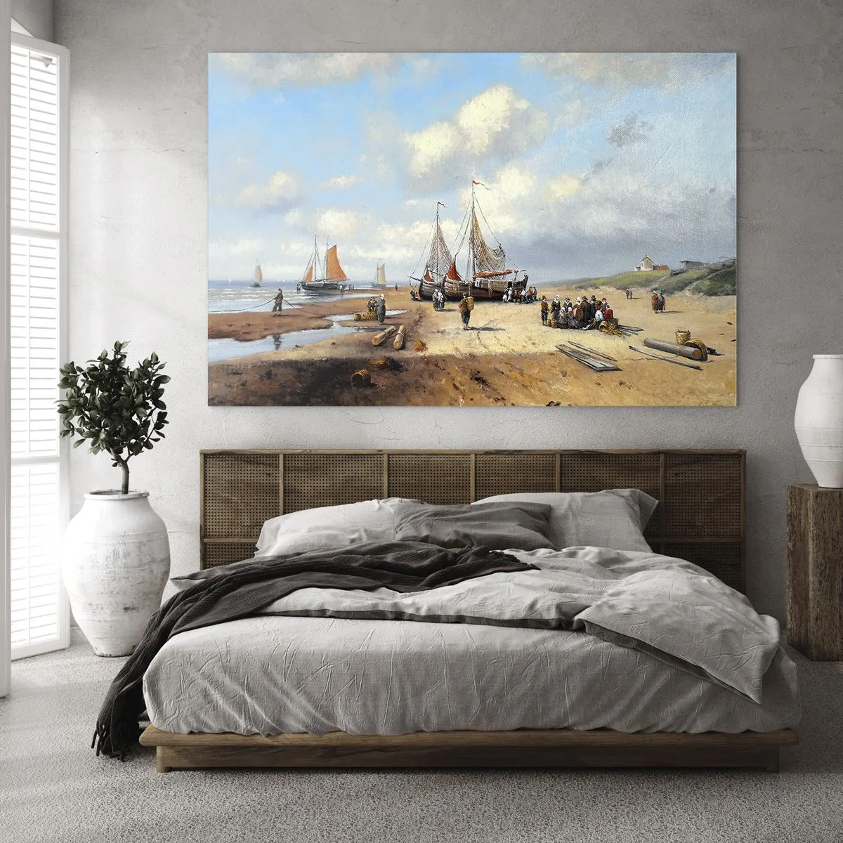 Obraz na skle - Plážová scéna s rybářskými loděmi a rybáři - 70x50cm - Po úspěšném rybolovu - Moderní nástěnná dekorace do obývacího pokoje a ložnice ARTTOR