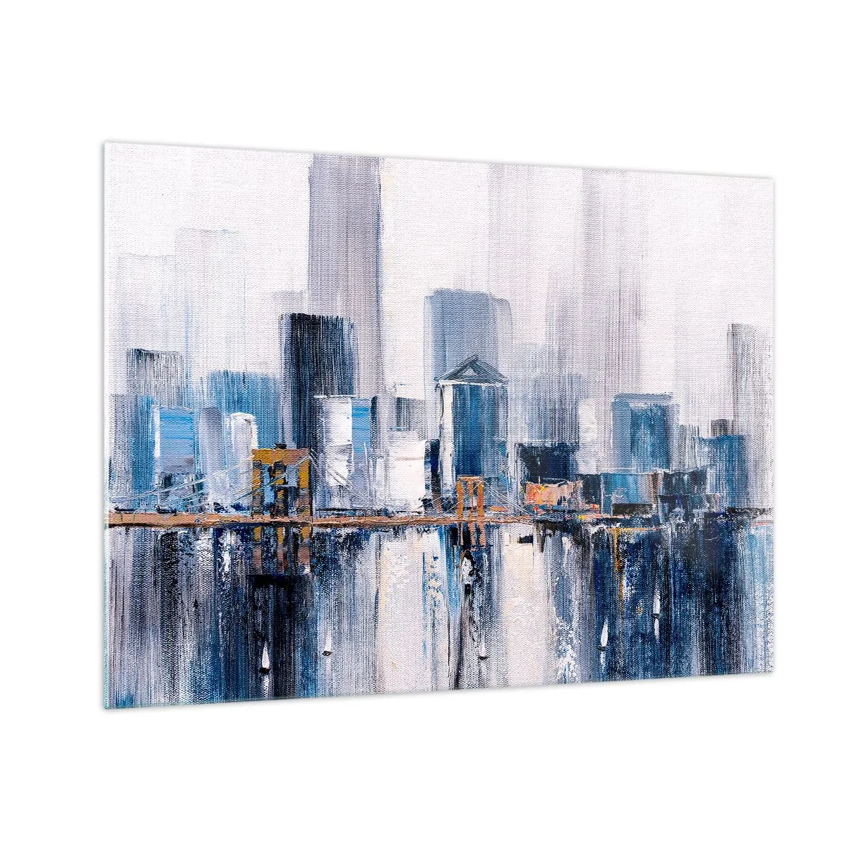 Obraz na skle - Abstraktní panorama města s mrakodrapy a mostem v chladných barvách - 70x50cm - Newyorská imprese - Moderní nástěnná dekorace do obývacího pokoje a ložnice ARTTOR