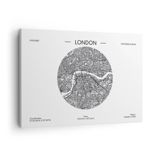 Obraz na plátně - Minimalistická černobílá mapa Londýna s přesnými detaily. - 70x50cm - Anatomie Londýna - Moderní nástěnná dekorace do obývacího pokoje a ložnice ARTTOR