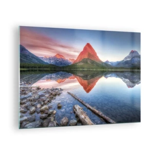 Obraz na skle - Vrchol hory odrážející se v klidném jezeře - 70x50cm - Teplo a chlad - Moderní nástěnná dekorace do obývacího pokoje a ložnice ARTTOR