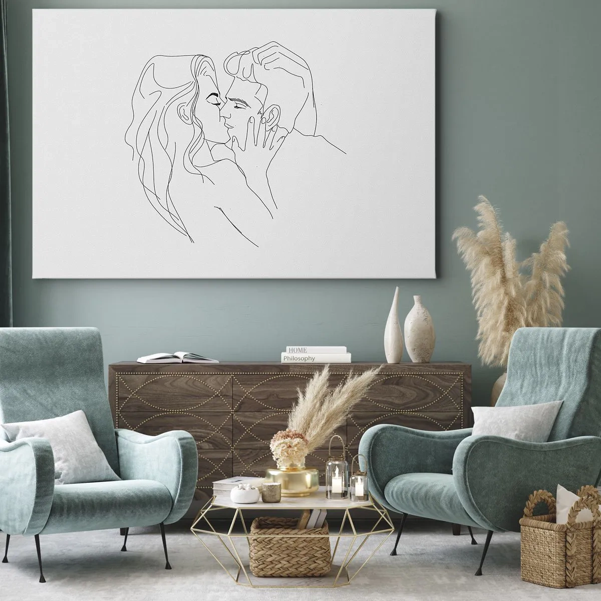 Obraz na plátně - Obrys líbajícího se páru na světlém pozadí - 70x50cm - Jedním tahem - Moderní nástěnná dekorace do obývacího pokoje a ložnice ARTTOR