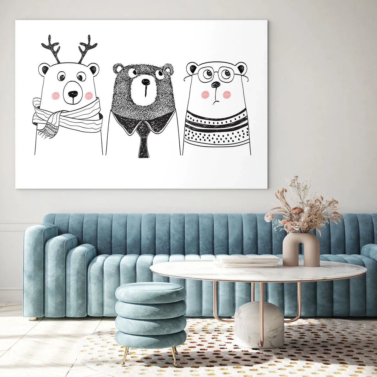 Obraz na skle - Tři legrační medvědi v černobílé ilustraci - 70x50cm - Medvěd, medvídek a méďa - Moderní nástěnná dekorace do obývacího pokoje a ložnice ARTTOR