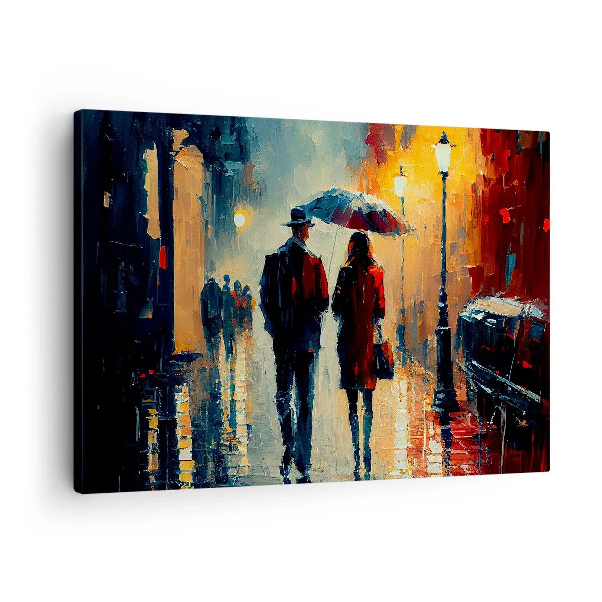Obraz na plátně - Chůze v dešti pod deštníkem ve městě v noci - 70x50cm - Městská love story - Moderní nástěnná dekorace do obývacího pokoje a ložnice ARTTOR