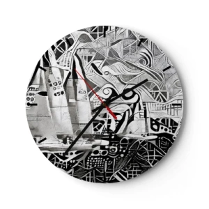 Nástěnné hodiny - Černobílé abstraktní vlny s geometrickými prvky - 30x30cm - Mezi vlnami - Moderní nástěnná dekorace do obývacího pokoje, kuchyně a ložnice ARTTOR